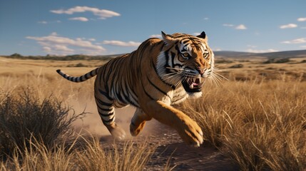 Bengal Tiger Running Across the Vast Plains

