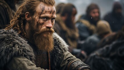Viking Warriors Prepare for Battle: Norsemen in Viking Encampment - obrazy, fototapety, plakaty