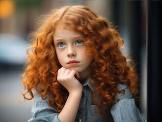 Fototapeta premium A thoughtful red-haired girl is thinking, touching her chin with one hand. Beautiful curly girl in an elegant dress, shot on a Canon EOS R6 camera, 500 mm lens, f/1.8 aperture, ISO 20.