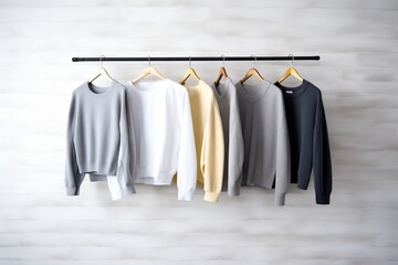 a line of monochromatic sweaters against a grey wall