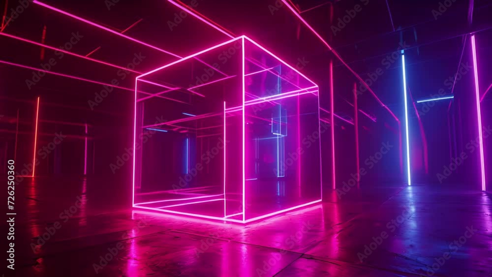 Wall mural A neon cube gracefully rotating in a mesmerizing display of precision and movement.