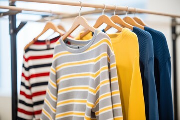 a selection of striped sweaters on a retail shop rack