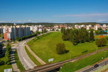 An aerial view over a residential area of Karlovac, south of the historic centre, in Central Croatia. A baseball field is foreground right