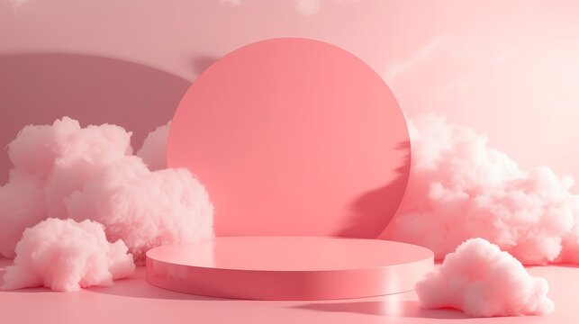 Minimalist pink podium with clouds, 3D rendered product background © Lucija