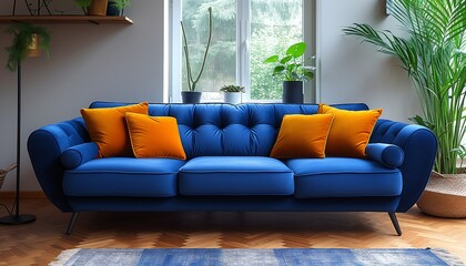 Fototapeta premium Stylish Home Interior: Blue Sofa and Bright Yellow Pillows