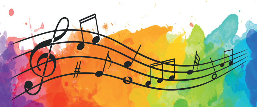 Music staff vector illustration on a background of watercolor blots. Music, notes background.