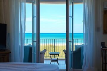 beach hotel room interior with balcony doors open to the ocean