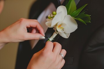woman hands fixing a white orchid boutonniere on a grooms jacket - obrazy, fototapety, plakaty