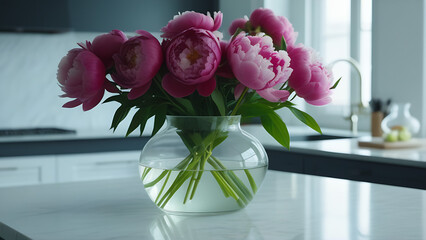 A bouquet of peonies in a glass vase on the table
