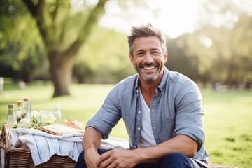 Portrait of handsome man sitting on picnic blanket in park and smiling - obrazy, fototapety, plakaty