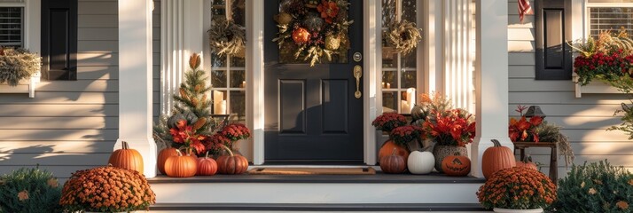 A charming Thanksgiving themed front porch with pumpkins, wreaths, and seasonal flowers