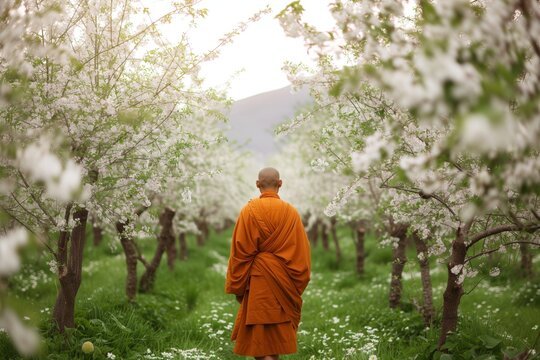 monk in an orchard with fruit trees in blossom - Powered by Adobe
