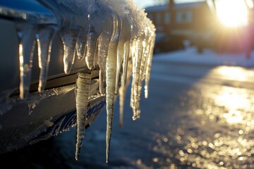 icicles on a car bumper, melting in the sun - obrazy, fototapety, plakaty