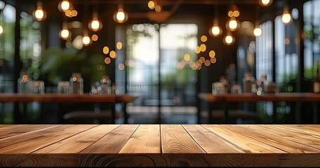 Vintage wooden table with blurred bokeh background in modern cafe or restaurant abstract perfect...