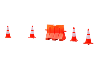 Illustration of isolated road safety cones and barriers made of orange plastic to reduce traffic accidents, isolated on PNG file with transparent background.