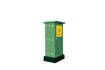 Image of green electrical control cabinet with warning sign for outdoor use, isolated on PNG file with transparent background.