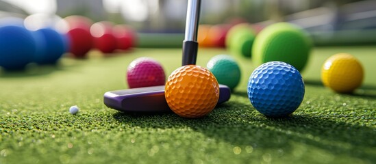 Colorful mini golf balls are crossed with two mini golf putters on green synthetic grass.