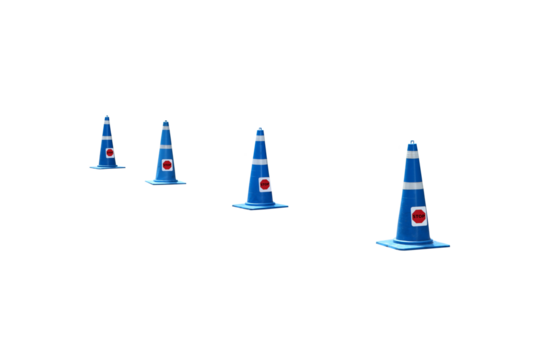 Image of road safety cones made of blue plastic to reduce traffic accidents, isolated on PNG file with transparent background.