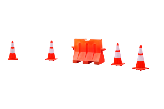 Illustration of isolated road safety cones and barriers made of orange plastic to reduce traffic accidents, isolated on PNG file with transparent background.