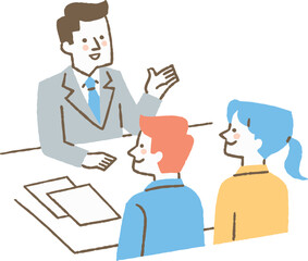 スーツを着た男性の説明を聞く大学生二人_色