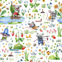 Cute little mice are walking in the meadow, fishing, having fun in the spring flowers. Watercolor illustration, seamless pattern in cartoon style.
