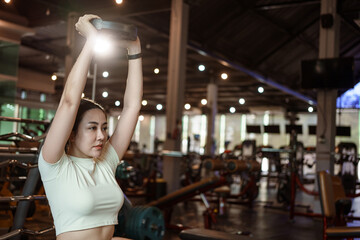 Sporty woman exercising with weight plate in the gym.
