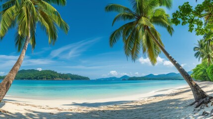 Fototapeta na wymiar Panoramic banner of tropical beach with palm trees, idyllic view