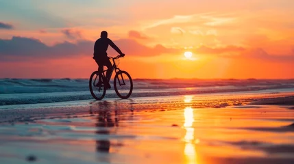 Foto op Canvas Peaceful ride on beach, cyclist silhouette in sunset glow © Lucija