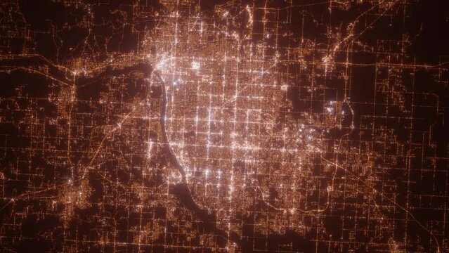 Tulsa (Oklahoma, USA) aerial view at night. Top view on modern city with street lights. Camera is zooming out, rotating clockwise