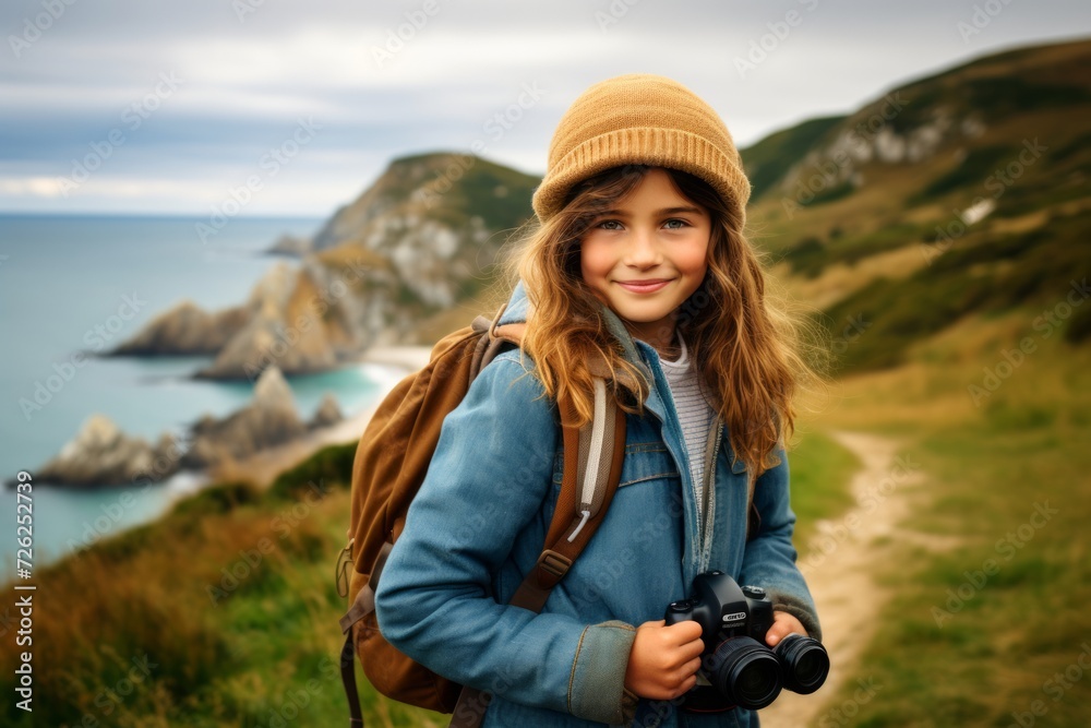 Poster Young woman with backpack and binoculars hiking on the coast.