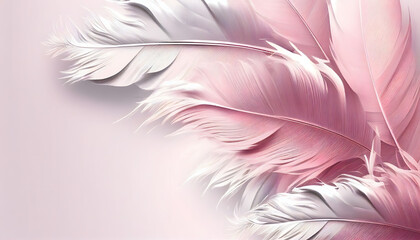 Beautiful abstract soft pink feathers on white background, pink background, feather background, banner. Generative AI.