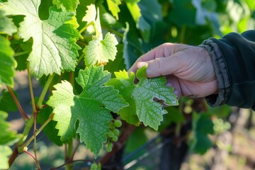 individual inspecting young grape leaves for frost damage