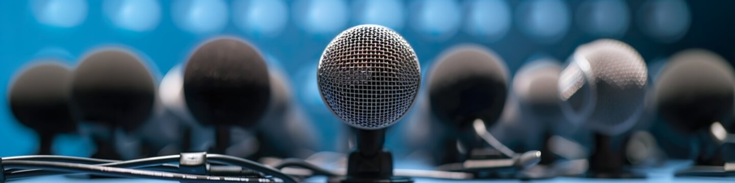 Close-up of a microphone, many microphones blurred in the background. Background panoramic banner for speakers, influencers, news, press, notice, events.
