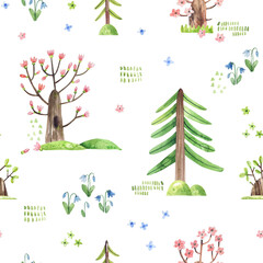 Cute seamless pattern with spring trees and Nature seamless pattern with spring trees and flowers in cartoon style. Spring forest, kids illustration, seamless pattern, background.