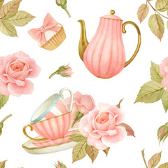 Watercolor seamless pattern of pink roses, service and sweets. Hand drawn watercolor elements