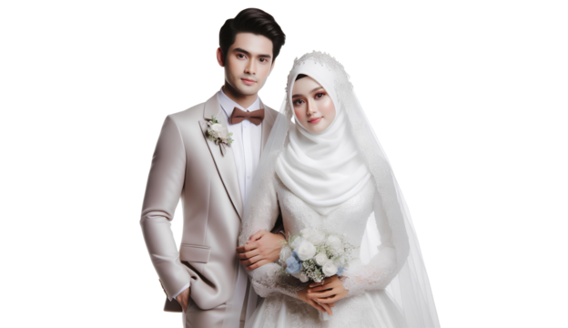 Asian Muslim man and Asian Muslim woman wedding on transparent background