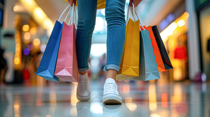 Shopping Spree with Colorful Bags at Mall.Close-up of shopper's feet carrying multiple colorful shopping bags in a mall, symbolizing retail therapy and consumerism.