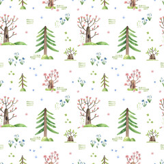 Cute seamless pattern with spring trees and flowers in cartoon style. Spring forest, children's illustration, seamless pattern, background.