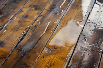 closeup of wet hardwood floor warping and buckling - obrazy, fototapety, plakaty