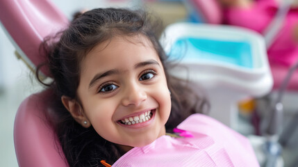  Indian little girl experiences a positive dental checkup for healthy teeth and a beautiful smile at a children's dentistry clinic