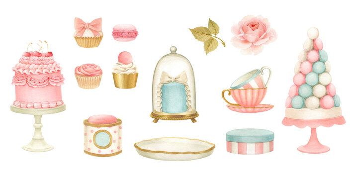 A set of watercolor dishes and sweets in pink and gold tones. The illustrations are hand drawn and isolated