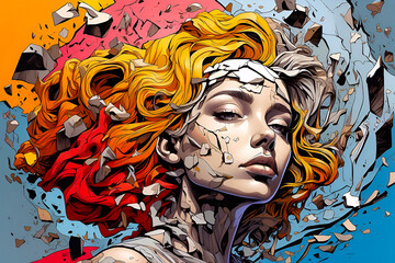 Fototapeta na wymiar A comic style illustration of a female face with fragments, A broken soul and mind, mental health concept, AI Generative