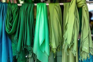 scarves in various shades of green on a portable market stall