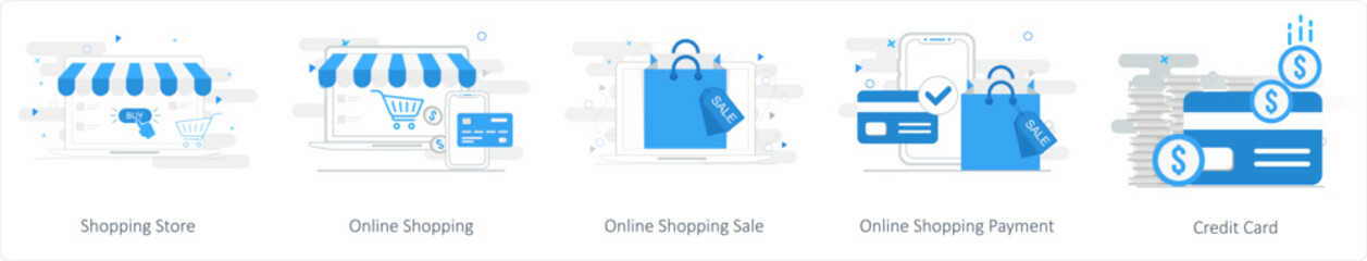 A set of 5 mix icons as shopping store, online shopping, online shopping sale