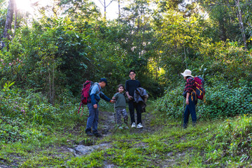 Obraz premium Group of Asian hikers trekking in the woods