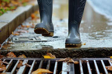  person in rubber boots steps over a storm drain in the rain © primopiano