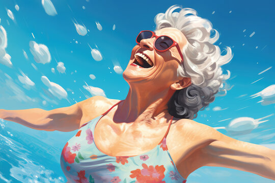 An 80-year-old Italian woman, beaming with joy while swimming laps in an outdoor pool