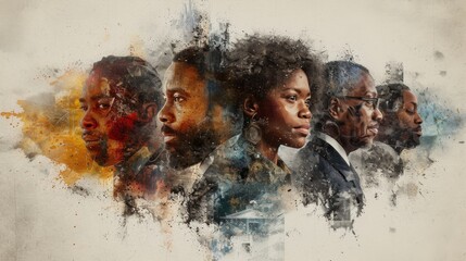 Black History Month: a colorful abstract illustration of a group of good-looking black people Juneteenth racial equality and justice racism and discrimination - obrazy, fototapety, plakaty