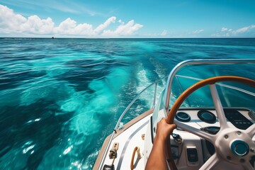 a person steering a boat with clear blue water ahead