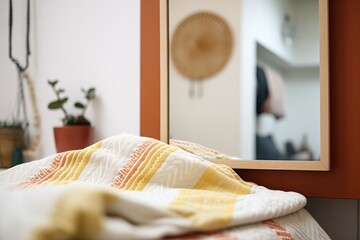 a folded bedspread with woven texture near a mirror - obrazy, fototapety, plakaty